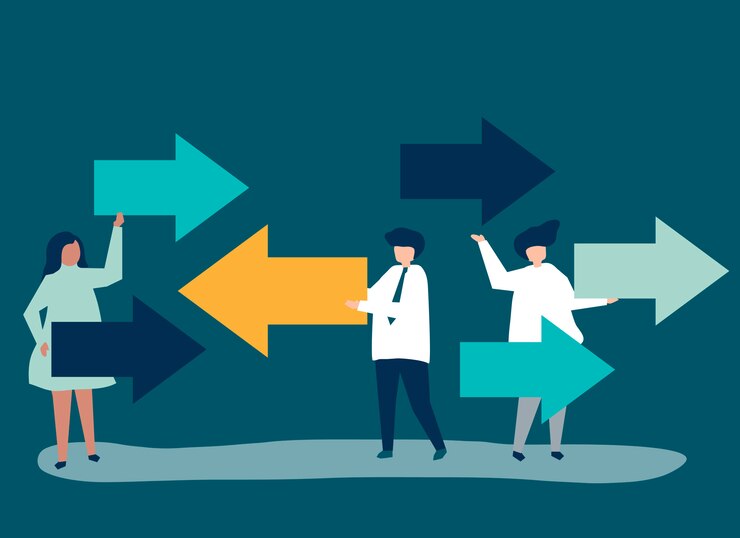 Free Vector people carrying arrows in the opposite directions