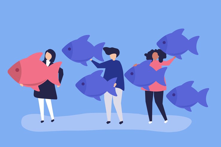 Free Vector people carrying fish icons in leadership concept