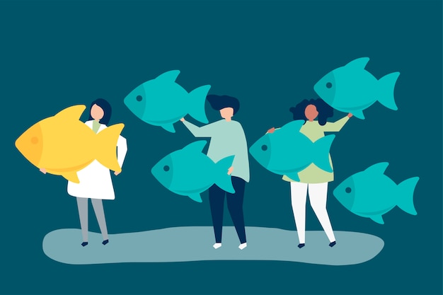 Free vector people carrying fish icons in leadership concept
