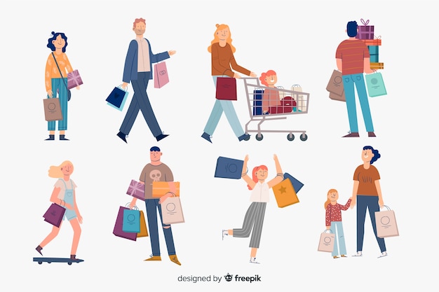 Free vector people carrying shopping bags collection