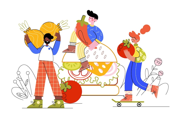 무료 Vector 시장에서 음식을 나르는 사람들