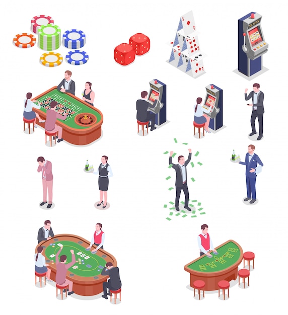 People in casino isometric icons set isolated on white background 3d