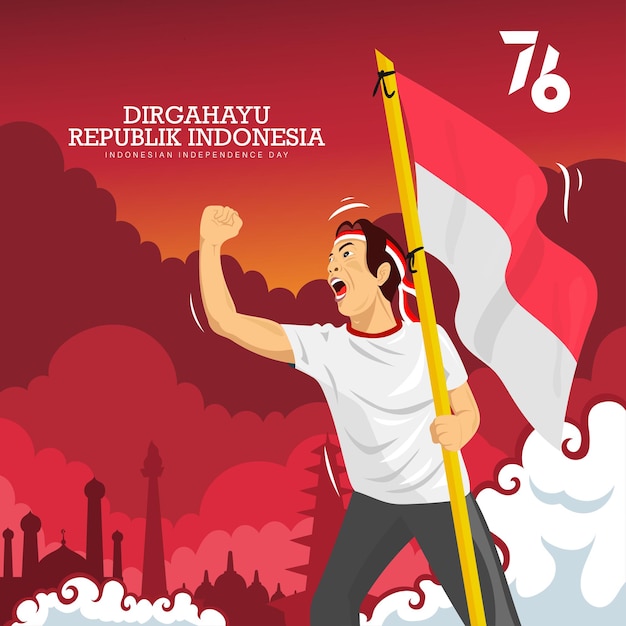 사람들은 인도네시아 76번째 독립 기념일 또는 Dirgahayu kemerdekaan indonesia ke 76을 축하합니다.