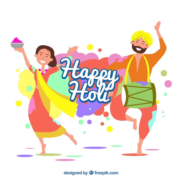 플랫 스타일의 holi 축제 배경을 축하하는 사람들