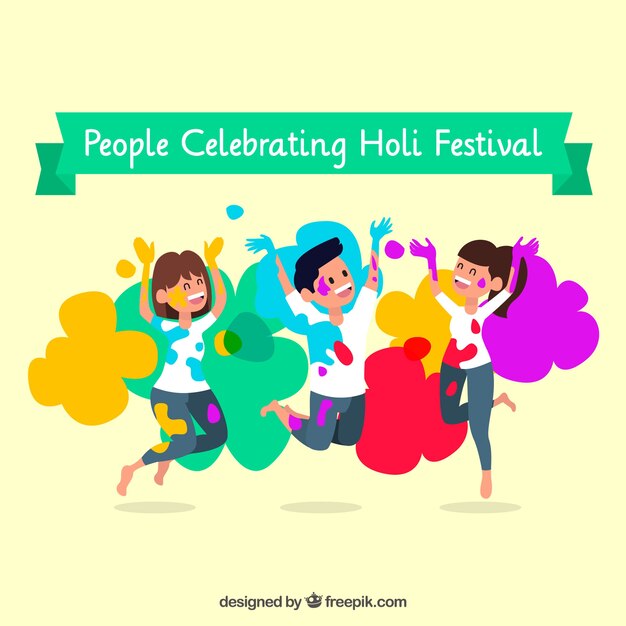 people celebrating holi festival background in flat style 