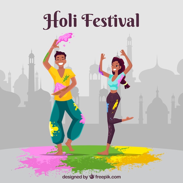 People celebrating holi festival in flat style