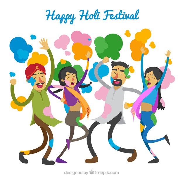 people celebrating holi festival in flat style