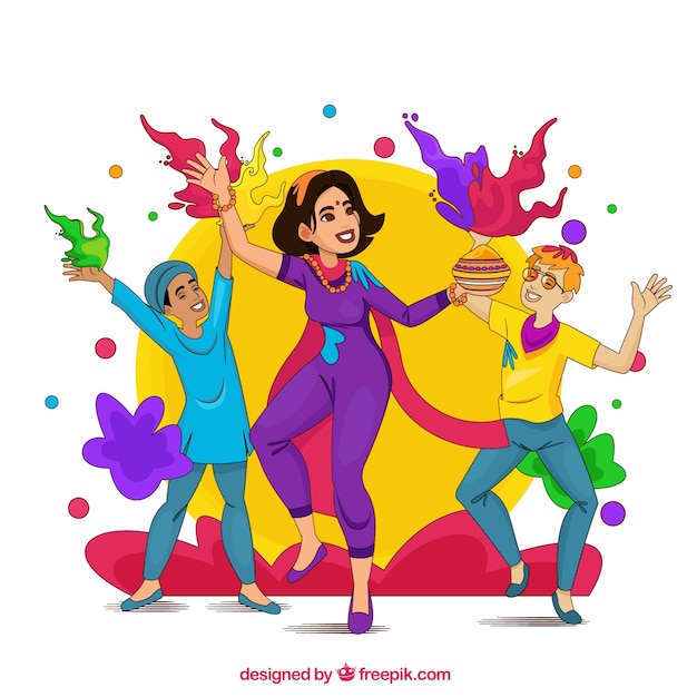 Free vector people celebrating holi festival in hand drawn style