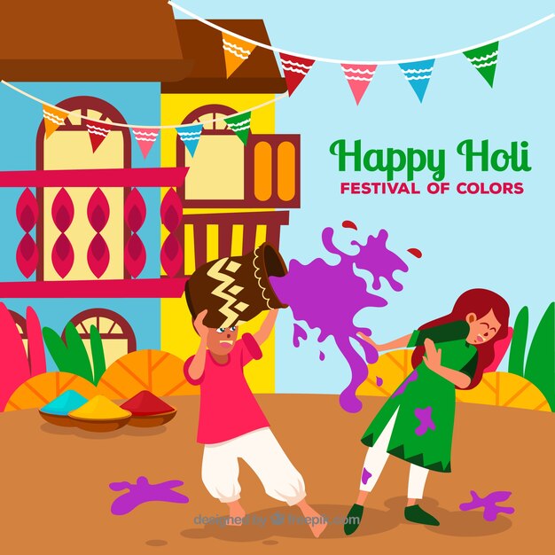 People celebrating holi festival in hand drawn style