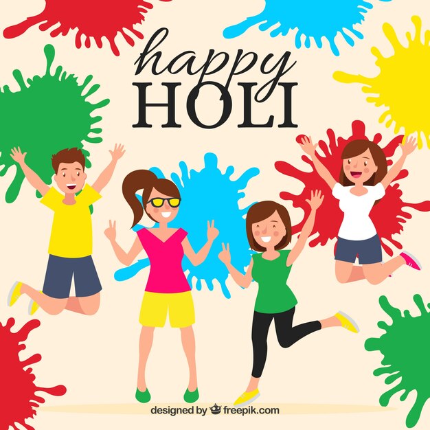 페인트 밝아진 holi 축제를 축하하는 사람들