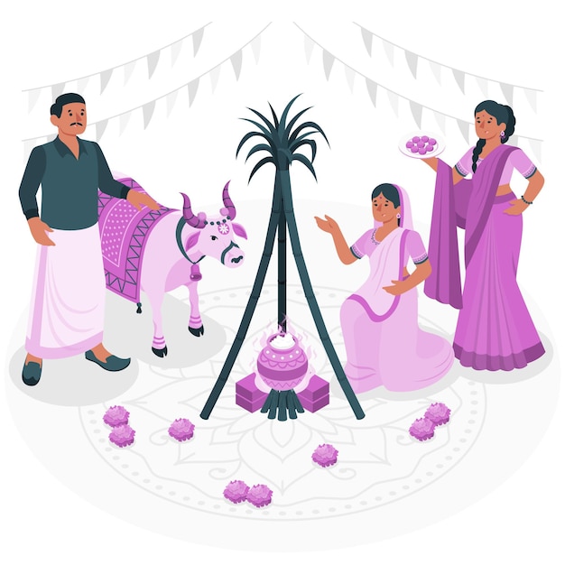 People celebrating pongal festival concept illustration