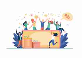 Free vector people celebrating with gift card voucher isolated flat vector illustration. cartoon happy customers winning abstract prize, certificate or discount coupon. creative strategy camp and money