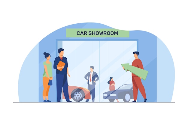 People choosing and buying automobile. car showroom, customer, seller flat vector illustration. vehicle purchase, test drive, transport