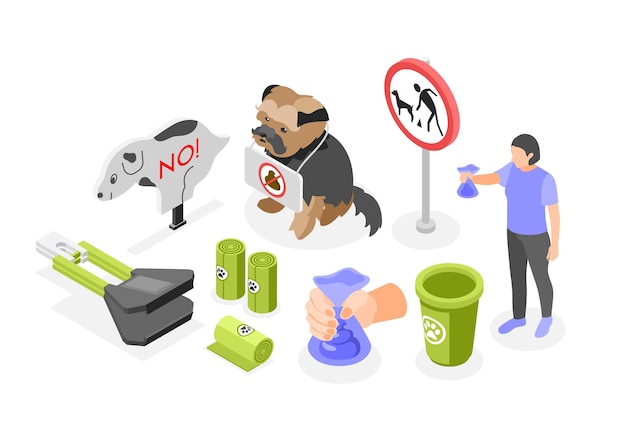 Free vector people clean up after your dogs isometric composition with tools for picking poop prohibition signs and responsible pet owner vector illustration