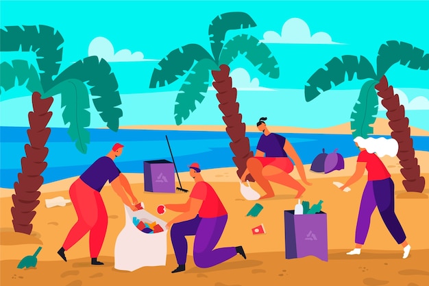 People cleaning beach concept