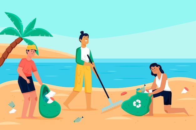 Free vector people cleaning beach concept