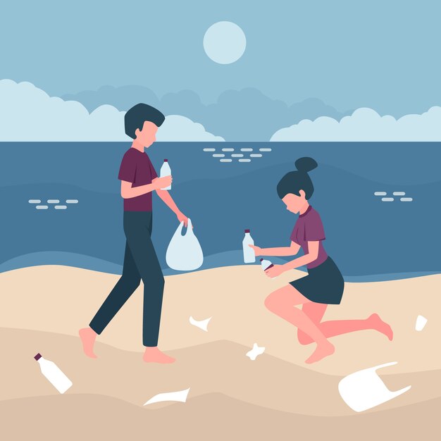 People cleaning the beach ecology concept