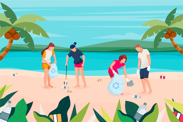 Люди, чистящие понятие экологии пляжа
