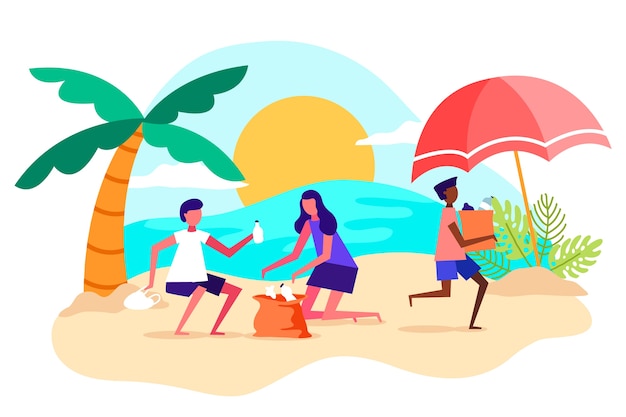 Free vector people cleaning beach flat design illustration