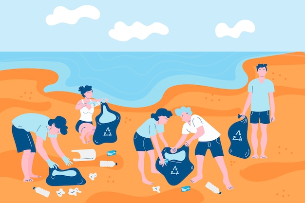 People cleaning the beach illustrated