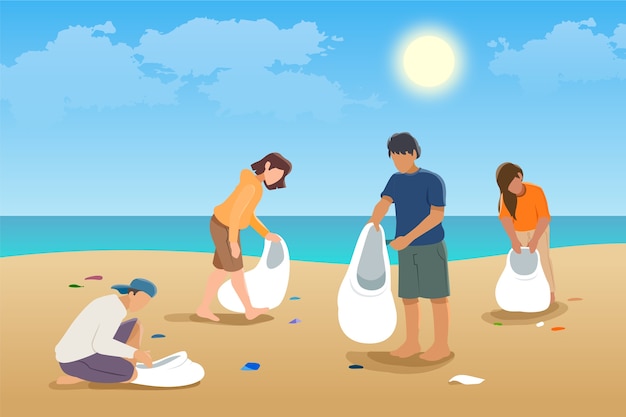 La gente che pulisce il concetto dell'illustrazione della spiaggia