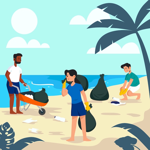 People cleaning the beach illustration design