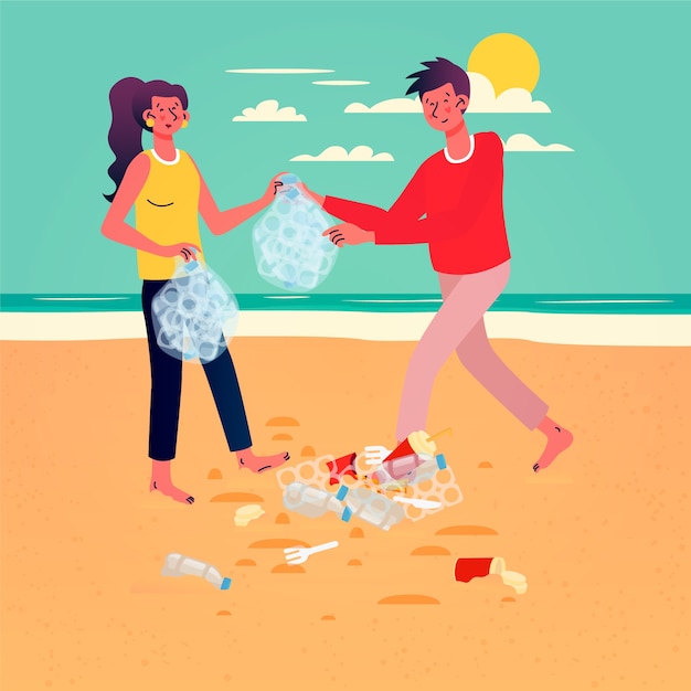 People cleaning beach illustration