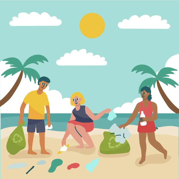 People cleaning beach illustration