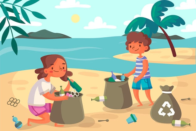 People cleaning beach illustration