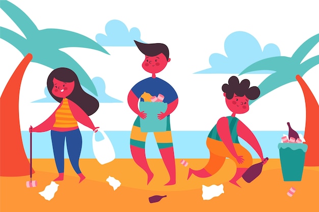 People cleaning beach illustration