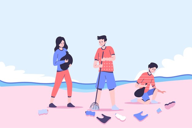 People cleaning beach illustration