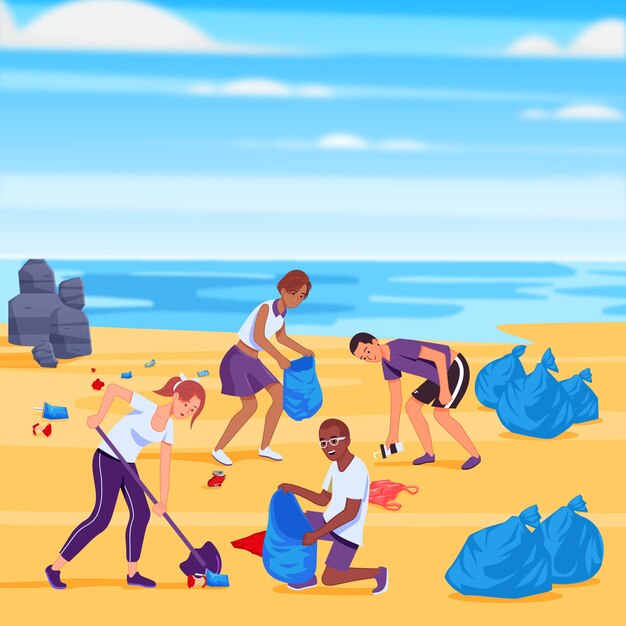 People cleaning beach illustration