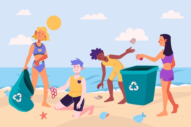 Люди убирают пляж от мусора