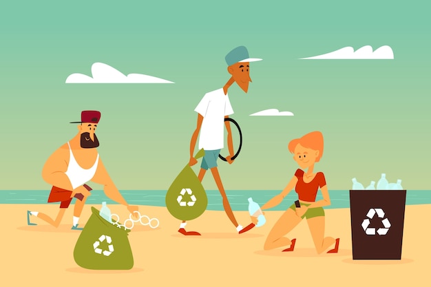 Люди убирают пляж от мусора