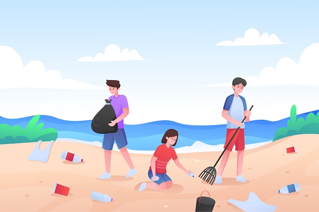 Люди, чистящие пляж вместе, иллюстрируют
