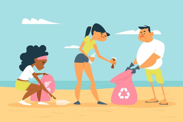 People cleaning beach of trash