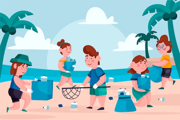 Free vector people cleaning beach