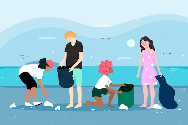 Vettore gratuito persone che puliscono la spiaggia