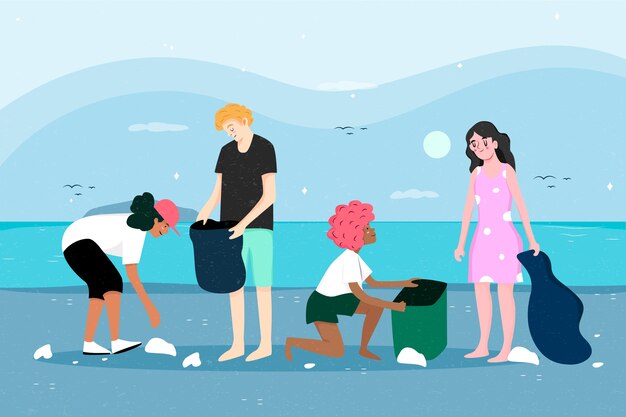 Люди убирают пляж