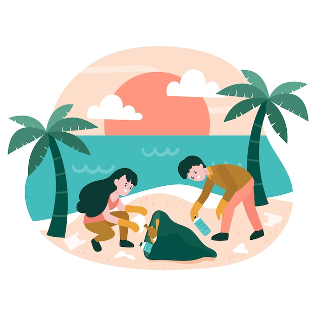 Free vector people cleaning beach