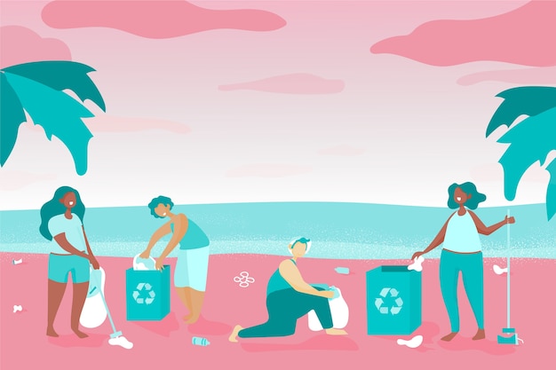 Free vector people cleaning beach