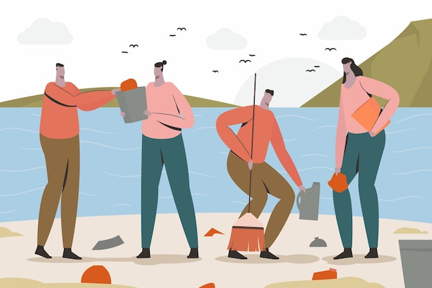 Free vector people cleaning beach