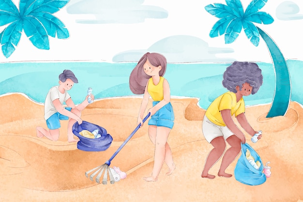 People cleaning beach