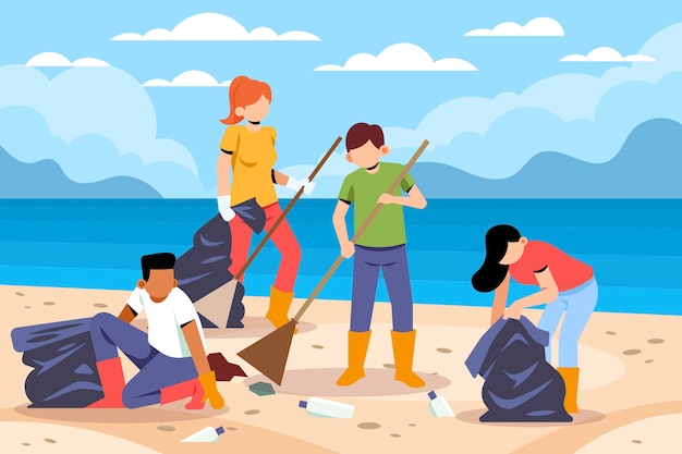Free vector people cleaning the beaches together