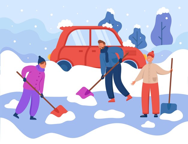 People cleaning road covered with snow after winter storm. Persons working with shovels, removing ice for driving automobile flat vector illustration. Winter season and weather problem concept