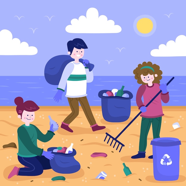 Люди вместе чистят пляж