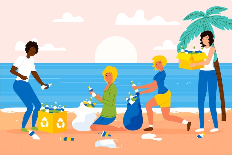 Free Vector people cleaning trash beach