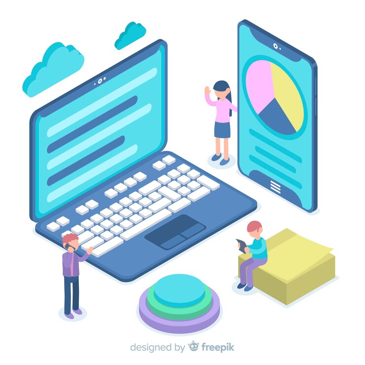 Free Vector people next to computer, tablet and smartphone. design element