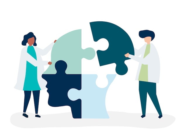 Free vector people connecting jigsaw pieces of a head together