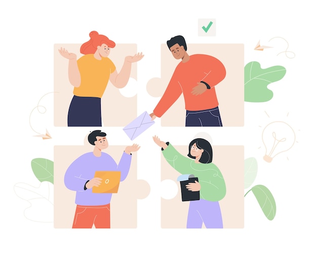 People connecting puzzle online flat vector illustration. employees communicating remotely building relationship. men and women working using social media. business cooperation concept